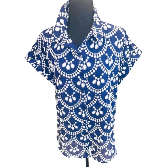 Fig + Flower Boho Embroidered Womens Blue & White Button-Up Shirt L Prairie - Picture 1 of 10